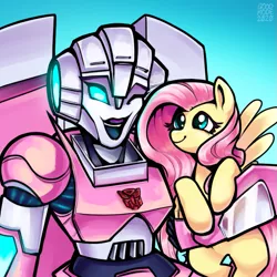 Size: 711x711 | Tagged: safe, artist:goodmode, deleted from derpibooru, derpibooru import, fluttershy, pegasus, pony, arcee, crossover, cute, duo, female, looking at each other, smiling, transformers, transformers cyberverse