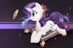 Size: 2996x1966 | Tagged: safe, artist:makaronder, derpibooru import, rarity, butterfly, pony, unicorn, boop, cushion, cute, disembodied hand, female, flower, flower in hair, glowing horn, hand, horn, magic, magic hands, mare, profile, prone, quill, raribetes, self-boop, solo