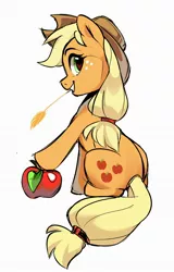 Size: 1212x1894 | Tagged: safe, artist:makaronder, derpibooru import, applejack, earth pony, pony, apple, cowboy hat, cute, female, food, hat, jackabetes, looking at you, looking back, looking back at you, mare, obligatory apple, profile, simple background, sitting, smiling, solo, straw in mouth, white background
