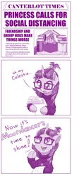 Size: 787x1920 | Tagged: safe, artist:dstears, derpibooru import, moondancer, twilight sparkle, twilight sparkle (alicorn), alicorn, pony, unicorn, book, book fort, clothes, comic, coronavirus, covid-19, crown, female, floppy ears, glasses, introversion, jewelry, monochrome, newspaper, newspaper headline, regalia, social distancing, sweater, text