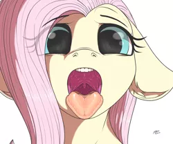 Size: 4000x3334 | Tagged: suggestive, artist:azerta56, derpibooru import, fluttershy, pegasus, pony, drool, drool string, esophagus, female, flutterpred, gentle pred, gullet, looking at you, maw, mawshot, offscreen character, open mouth, oral invitation, pov, salivating, shy, simple background, slimy, solo, solo female, taste buds, tongue out, uvula, white background