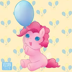 Size: 885x885 | Tagged: safe, artist:vilyann, derpibooru import, part of a set, pinkie pie, earth pony, pony, baby, baby pie, baby pinkie pie, baby pony, balloon, cute, cutie mark, cutie mark background, diapinkes, hoof hold, open mouth, sitting, solo, younger