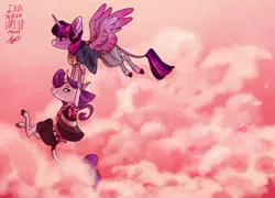 Size: 1280x923 | Tagged: safe, artist:laps-sp, derpibooru import, rarity, twilight sparkle, twilight sparkle (alicorn), alicorn, anthro, pony, unguligrade anthro, unicorn, clothes, cloud, colored hooves, curved horn, female, flying, hand, holding a pony, horn, horn ring, leonine tail, lesbian, rarilight, ring, shipping