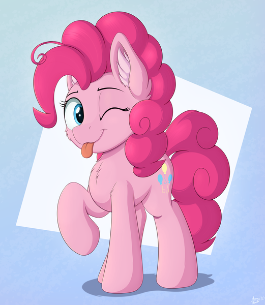 Size: 3300x3800 | Tagged: safe, artist:arcane-thunder, derpibooru import, pinkie pie, earth pony, pony, abstract background, blue background, cheek fluff, chest fluff, cute, diapinkes, ear fluff, female, gradient background, happy, mare, one eye closed, raised hoof, simple background, solo, tongue out, wink
