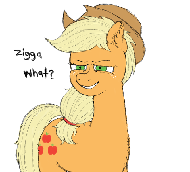 Size: 1047x951 | Tagged: safe, artist:happyartfag, derpibooru import, applejack, earth pony, pony, /mlp/, 4chan, applejack's hat, bigotjack, cowboy hat, drawthread, hat, looking at you, out of character, racism, simple background, solo, text, white background, zigga