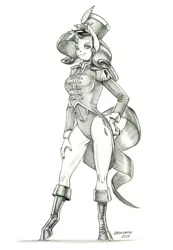 Size: 950x1375 | Tagged: safe, artist:baron engel, derpibooru import, rarity, anthro, unguligrade anthro, unicorn, testing testing 1-2-3, ancient wonderbolts uniform, boots, clothes, female, grayscale, leotard, mare, monochrome, pencil drawing, sgt. rarity, shoes, simple background, solo, traditional art, uniform, white background