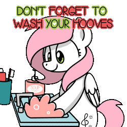 Size: 1000x1000 | Tagged: safe, artist:sugar morning, derpibooru import, oc, oc:sugar morning, unofficial characters only, pegasus, pony, animated, bipedal, bubble, coronavirus, covid-19, cute, faucet, female, mare, ocbetes, public service announcement, simple background, sink, soap, solo, text, toothbrush, toothpaste, transparent background, washing