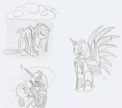 Size: 1277x1140 | Tagged: safe, artist:ravenpuff, deleted from derpibooru, derpibooru import, nightmare moon, oc, oc:51, oc:butters, oc:sir reginald butterscop pendragon iv jr., oc:star shot, alicorn, pegasus, pony, unicorn, alicorn oc, alternate timeline, amputee, armor, artificial wings, augmented, cloud, crystal war timeline, eye scar, eyes closed, female, frown, helmet, horn, lineart, male, mare, pegasus oc, peytral, prosthetic limb, prosthetic wing, prosthetics, rain, sad, scar, stallion, traditional art, unicorn oc, wet, wet mane, wings