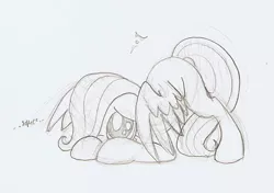 Size: 665x467 | Tagged: safe, artist:ravenpuff, deleted from derpibooru, derpibooru import, fluttershy, pegasus, pony, blank flank, covering, face down ass up, female, filly, filly fluttershy, floppy ears, hair over one eye, monochrome, shy, sketch, solo, traditional art, wing covering, younger