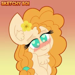 Size: 1280x1280 | Tagged: safe, artist:snakeythingy, derpibooru import, pear butter, the perfect pear, blushing, chest fluff, gradient background, heart eyes, implied brightbutter, implied bright mac, wingding eyes