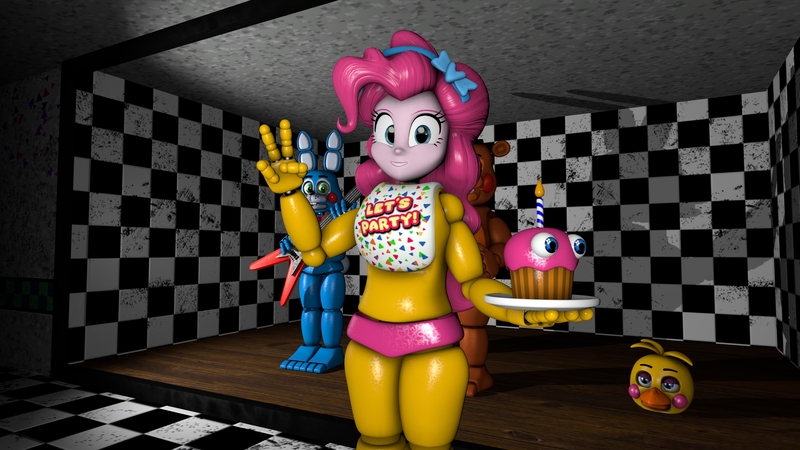 Size: 2720x1530 | Tagged: safe, artist:fazbearsparkle, derpibooru import, pinkie pie, equestria girls, 3d, animatronic, clothes, costume, crossover, cupcake, five nights at freddy's, five nights at freddy's 2, fnaf 2, food, freddy fazbear, freddy fazbear's pizzeria, looking at you, not amused face, source filmmaker, suit, toy bonnie, toy chica, toy freddy