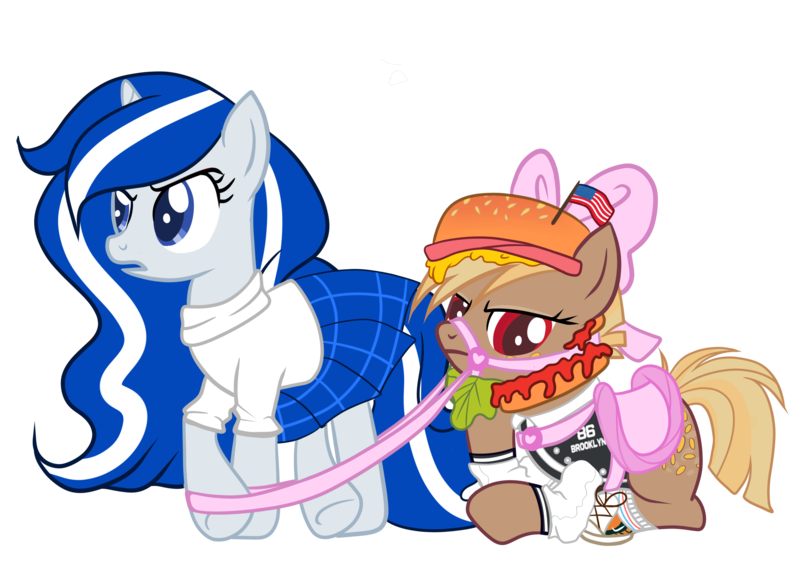 Size: 3510x2512 | Tagged: safe, artist:aepp, derpibooru import, oc, oc:balmoral, oc:patty (ice1517), unofficial characters only, earth pony, pony, unicorn, american flag, annoyed, base used, bow, bridle, burger, cheese, clothes, collar, commission, converse, female, flag, food, freckles, hair bow, hat, jersey, ketchup, kilt, lettuce, mare, mustard, open mouth, raised hoof, raised leg, saddle, sauce, scotland, shoes, simple background, socks, sweater, tack, transparent background, underhoof, ych result