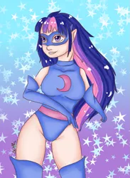 Size: 879x1200 | Tagged: artist:daleblackwood, clothes, derpibooru import, human, humanized, leotard, magic gaia, safe, solo, superhero, twilight sparkle