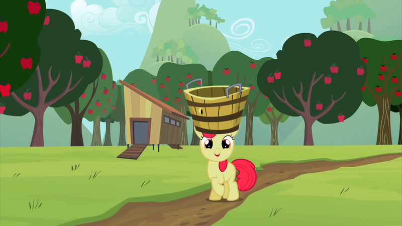 Size: 2000x1124 | Tagged: safe, derpibooru import, screencap, apple bloom, earth pony, pony, sisterhooves social, adorabloom, apple, apple orchard, apple tree, basket, chicken coop, cute, female, filly, foal, food, orchard, raised hoof, solo, tree