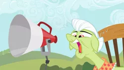 Size: 2000x1125 | Tagged: safe, derpibooru import, screencap, granny smith, pony, sisterhooves social, female, mare, megaphone, open mouth, rocking chair, solo