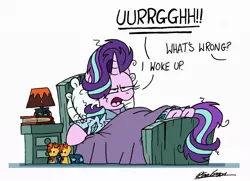 Size: 1024x740 | Tagged: safe, artist:bobthedalek, derpibooru import, starlight glimmer, pony, unicorn, annoyed, bed, bed mane, board game, clothes, dialogue, dragon pit, groan, implied shipping, implied starburst, implied straight, implied sunburst, lamp, messy mane, morning ponies, offscreen character, pajamas, simple background, slippers, solo, starlight glimmer day, themed slippers, white background