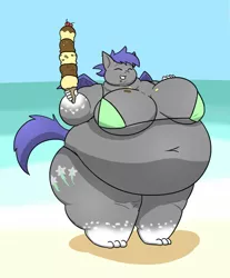 Size: 1059x1280 | Tagged: suggestive, artist:theguynooneremembers, derpibooru import, oc, oc:midnight blossom, unofficial characters only, anthro, bat pony, plantigrade anthro, bat pony oc, bat wings, beach, belly, belly button, big belly, big breasts, bikini, bikini top, breasts, clothes, commission, deep belly button, eyes closed, fat, female, food, freckles, huge belly, huge breasts, ice cream, ice cream cone, impossibly large belly, mare, messy eating, obese, simple background, smiling, solo, solo female, swimsuit, thighs, thunder thighs, toes, weight gain, wings, ych result