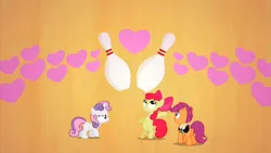 Size: 2000x1124 | Tagged: safe, derpibooru import, screencap, apple bloom, scootaloo, sweetie belle, earth pony, pegasus, pony, unicorn, the cutie pox, bag, bowling bag, bowling pin, cutie mark crusaders, female, filly, foal, orange background, saddle bag, simple background, trio