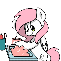 Size: 1000x1000 | Tagged: safe, artist:sugar morning, derpibooru import, oc, oc:sugar morning, pegasus, pony, animated, bipedal, bubble, coronavirus, covid-19, cute, faucet, female, mare, ocbetes, public service announcement, simple background, sink, soap, solo, toothbrush, toothpaste, transparent background, washing