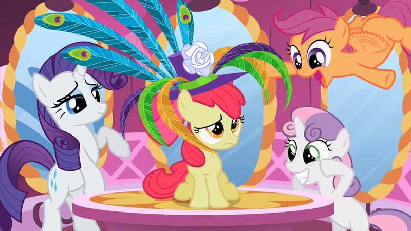 Size: 2874x1618 | Tagged: safe, derpibooru import, screencap, apple bloom, rarity, scootaloo, sweetie belle, earth pony, pegasus, unicorn, the cutie pox, buzzing wings, carousel boutique, cutie mark crusaders, feather, feathered hat, female, filly, foal, hat, mare, mirror, peacock feathers, raised hoof, wings