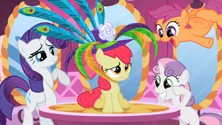 Size: 2874x1618 | Tagged: safe, derpibooru import, screencap, apple bloom, rarity, scootaloo, sweetie belle, earth pony, pegasus, unicorn, the cutie pox, buzzing wings, carousel boutique, cutie mark crusaders, feather, feathered hat, female, filly, foal, hat, mare, mirror, peacock feathers, raised hoof, wings