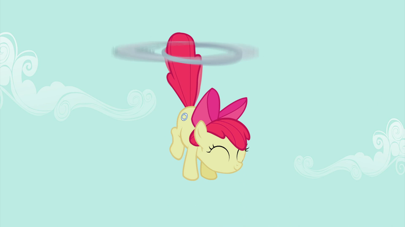 Size: 2880x1618 | Tagged: safe, derpibooru import, screencap, apple bloom, earth pony, pony, the cutie pox, eyes closed, female, filly, flying, foal, hoopla, loop-de-hoop, sky, smiling, solo, tailcopter