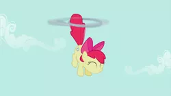Size: 2880x1618 | Tagged: safe, derpibooru import, screencap, apple bloom, earth pony, pony, the cutie pox, eyes closed, female, filly, flying, foal, hoopla, loop-de-hoop, sky, smiling, solo, tailcopter