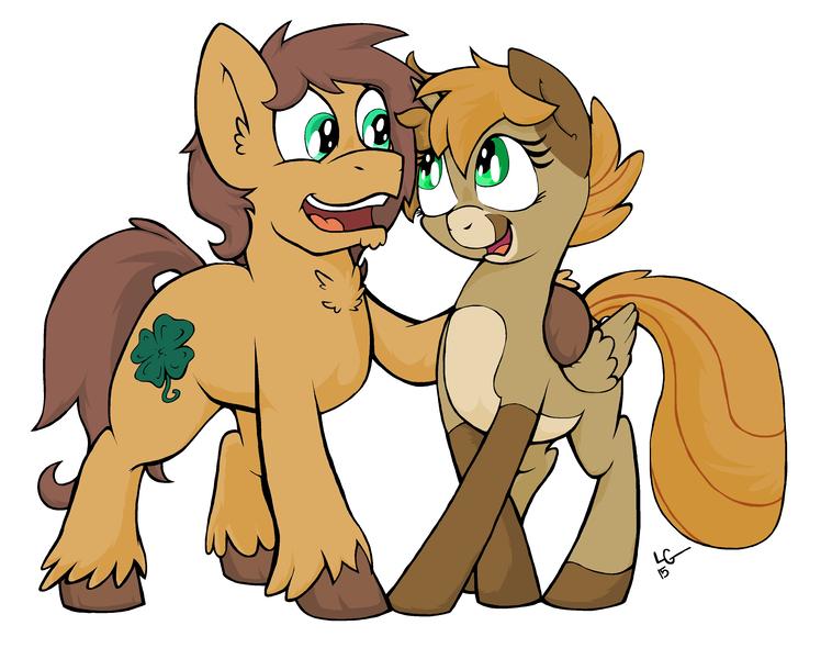 Size: 3336x2640 | Tagged: safe, artist:lucas_gaxiola, derpibooru import, oc, oc:charmed clover, unofficial characters only, earth pony, pegasus, pony, duo, earth pony oc, female, male, mare, open mouth, pegasus oc, side hug, smiling, stallion, unshorn fetlocks, wings