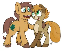 Size: 3336x2640 | Tagged: safe, artist:lucas_gaxiola, derpibooru import, oc, oc:charmed clover, unofficial characters only, earth pony, pegasus, pony, duo, earth pony oc, female, male, mare, open mouth, pegasus oc, side hug, smiling, stallion, unshorn fetlocks, wings