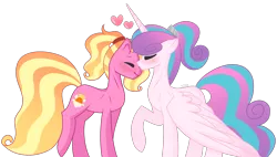 Size: 1622x919 | Tagged: safe, artist:yokiix, derpibooru import, luster dawn, princess flurry heart, alicorn, pony, unicorn, the last problem, alternate hairstyle, blushing, cute, eyes closed, female, flurrybetes, flurrydawn, heart, kissing, lesbian, lusterbetes, mare, older, older flurry heart, ponytail, raised hoof, raised leg, shipping, simple background, transparent background