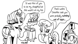 Size: 1200x675 | Tagged: safe, artist:pony-berserker, derpibooru import, rarity, sweetie belle, pony, unicorn, black and white, burn, childhood innocence, egg, exclamation point, glowing horn, grayscale, horn, image, implied menopause, magic, monochrome, o.o, oblivious, png, pony-berserker's twitter sketches, sketch, telekinesis