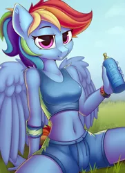 Size: 1660x2290 | Tagged: safe, artist:anti1mozg, derpibooru import, rainbow dash, anthro, pegasus, pony, belly button, clothes, ear fluff, female, looking at you, mare, midriff, nos energy drink, shoulder fluff, sitting, smiling, solo, sports bra, wings