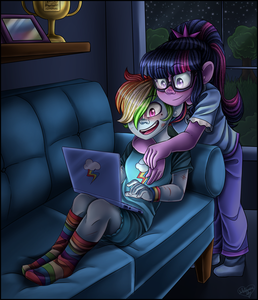 Size: 2500x2900 | Tagged: safe, artist:shimmer-shy, derpibooru import, rainbow dash, sci-twi, twilight sparkle, equestria girls, art trade, bruised, clothes, computer, couch, cutie mark, duo, female, glasses, grass, hair over one eye, hug, laptop computer, lesbian, night, night sky, open mouth, pajamas, pants, rainbow socks, scitwidash, shipping, sky, smiling, socks, stars, striped socks, tree, trophy, twidash, window, wristband