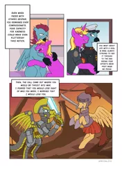 Size: 3541x5016 | Tagged: safe, artist:feellikeaplat, deleted from derpibooru, derpibooru import, oc, oc:iron wingheart, oc:quasar(wingman), unofficial characters only, hippogriff, pegasus, pony, unicorn, comic:a father's last memories, adult, armor, clothes, context in description, crying, fight, gay, holding hoof, hug, male, narration, parents:azurlaeno, photo, power armor, room, sad, smiling, sword, sword in mouth, teary eyes, teenager, uniform, weapon