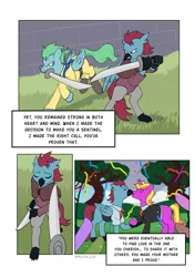 Size: 3541x5016 | Tagged: safe, artist:feellikeaplat, deleted from derpibooru, derpibooru import, oc, oc:azure glide, oc:iron wingheart, oc:quasar(wingman), unofficial characters only, hippogriff, pegasus, pony, comic:a father's last memories, clothes, confetti, context in description, father and child, father and son, first person view, gay, grass, holding hooves, kissing, kneeling, knighting, male, marriage, narration, offscreen character, parents:azurlaeno, pov, smiling, sparring, sword fight, sword in mouth, tree, wedding