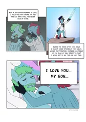 Size: 3541x5016 | Tagged: safe, artist:feellikeaplat, deleted from derpibooru, derpibooru import, princess celestia, oc, oc:azure glide, oc:iron wingheart, unofficial characters only, alicorn, hippogriff, pegasus, pony, comic:a father's last memories, clothes, context in description, crying, dead, death, elderly, father and child, father and son, grieving, holding hooves, knighting, male, momlestia, narration, parents:azurlaeno, sad, sword, uniform, weapon