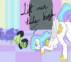 Size: 1000x876 | Tagged: suggestive, artist:happy harvey, derpibooru import, princess celestia, princess luna, oc, oc:anonfilly, alicorn, earth pony, drawn on phone, featureless crotch, female, filly, implied foalcon, implied lesbian, implied pedophilia, invisible, looking at something, mare, oogling, raised tail, tail