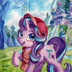 Size: 900x899 | Tagged: safe, artist:the-wizard-of-art, derpibooru import, starlight glimmer, pony, unicorn, cap, cheek fluff, clothes, cute, cutie mark, female, glimmerbetes, hat, looking at you, mare, open mouth, raised hoof, scarf, scenery, school of friendship, solo, traditional art, twilight's castle, watercolor painting