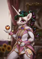 Size: 850x1200 | Tagged: alicorn, alternate hairstyle, anthro, artist:assasinmonkey, belly button, blurred background, braid, clothes, costume porn, curtain, derpibooru import, female, flower, gloves, mare, navel cutout, orb, painting, princess celestia, safe, solo, sunflower, technical advanced, uniform