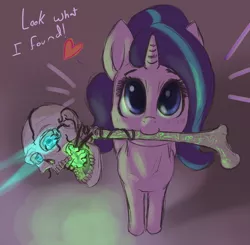 Size: 1450x1420 | Tagged: safe, artist:t72b, derpibooru import, starlight glimmer, pony, unicorn, 2spooky, bone, cute, female, glimmerbetes, heart, looking at you, looking up, magic, magic staff, mare, mouth hold, skull, solo, staff, talking to viewer, what could possibly go wrong