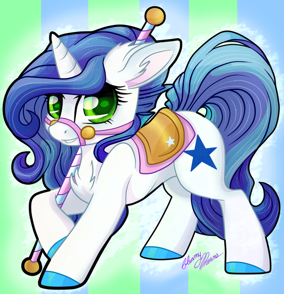 Size: 2199x2273 | Tagged: safe, artist:gleamydreams, derpibooru import, oc, oc:gleamy, unofficial characters only, pony, unicorn, bridle, chest fluff, cute, female, green eyes, mare, pole, saddle, signature, smiling at you, tack