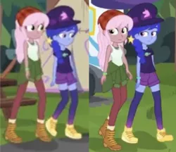 Size: 951x822 | Tagged: safe, derpibooru import, screencap, raspberry lilac, space camp (character), equestria girls, equestria girls series, spoiler:eqg series (season 2), bandana, clothes, cropped, duo focus, female, hat, lesbian, shipping, shorts, spacelilac, tanktop, walking, walking together, zettai ryouiki