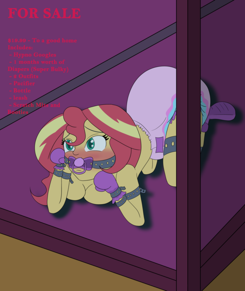 Size: 4500x5347 | Tagged: questionable, artist:diaperednight, derpibooru import, sunset shimmer, equestria girls, bdsm, bitchsuit, blushing, bondage, booties, breasts, busty sunset shimmer, diaper, diaper bondage, diaper fetish, diaper slave, fetish, for sale, mittens, pacifier, pacifier gag, pet play, poofy diaper, slave