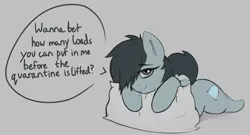 Size: 2504x1348 | Tagged: suggestive, artist:owlnon, derpibooru import, oc, oc:sleepy goodnight, unofficial characters only, earth pony, pony, female, looking at you, mare, pillow, solo, talking, talking to viewer