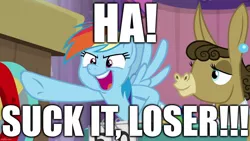 Size: 1280x720 | Tagged: safe, derpibooru import, edit, edited screencap, editor:useraccount, screencap, matilda, rainbow dash, donkey, pegasus, pony, a trivial pursuit, caption, excessive exclamation marks, female, gloating, image macro, loser, mare, meme, mocking, pointing, text