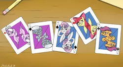 Size: 1712x928 | Tagged: safe, artist:strebiskunk, derpibooru import, apple bloom, diamond tiara, scootaloo, silver spoon, sweetie belle, earth pony, pegasus, pony, unicorn, cutie mark crusaders, full house, pencil, playing card, queen of diamonds, queen of spades, three of clubs, three of hearts, three of spades