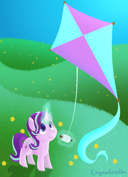 Size: 800x1100 | Tagged: safe, artist:enigmadoodles, derpibooru import, starlight glimmer, pony, unicorn, cute, female, glimmerbetes, kite, looking up, magic, mare, smiling, solo, that pony sure does love kites