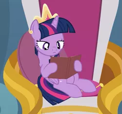Size: 695x653 | Tagged: safe, artist:agrol, derpibooru import, twilight sparkle, twilight sparkle (alicorn), alicorn, pony, adorkable, book, bored, cropped, crown, cute, dork, female, frown, how to be a princess, jewelry, mare, reading, regalia, sitting, solo, throne, twiabetes