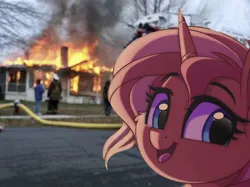 Size: 580x434 | Tagged: safe, artist:thegamblehorse, deleted from derpibooru, derpibooru import, edit, editor:lyinx, sunset shimmer, human, pony, unicorn, backlighting, burning, cute, disaster girl, eyebrows, eyebrows visible through hair, female, fiery shimmer, fire, happy, house, irl, looking at you, looking back, looking back at you, mare, meme, open mouth, photo, ponies in real life, scenery, shimmerbetes, smiling, solo, some mares just want to watch the world burn, sunshine shimmer