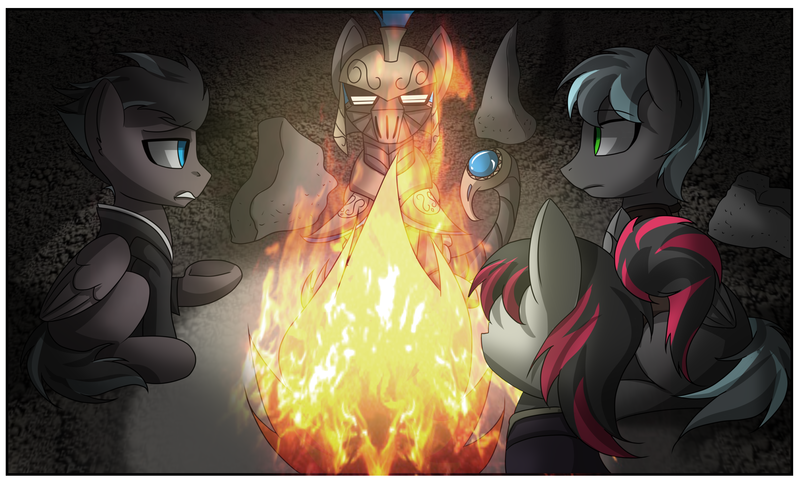 Size: 2800x1700 | Tagged: artist:elmutanto, derpibooru import, fallout equestria, fanfic:fallout equestria: broken oaths, female, fire, male, mare, oc, oc:fantastic storm, oc:gunrunner, oc:pale shroud, oc:siren, pegasus, safe, stallion, unofficial characters only